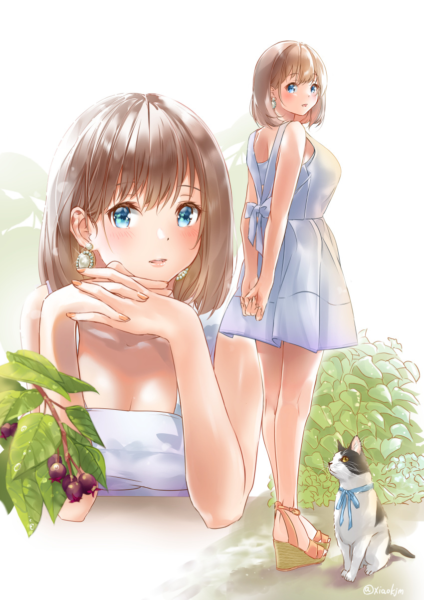 1girl bangs bare_arms berries blue_eyes breasts brown_hair cat cleavage collarbone commentary dress earrings elbows_on_table eyebrows_visible_through_hair from_behind glint hands_clasped hands_together head_on_hand highres interlocked_fingers jewelry koji_(kojikojimdw) large_breasts light_blush looking_at_viewer looking_back multiple_views original own_hands_together parted_lips sandals short_hair standing sundress