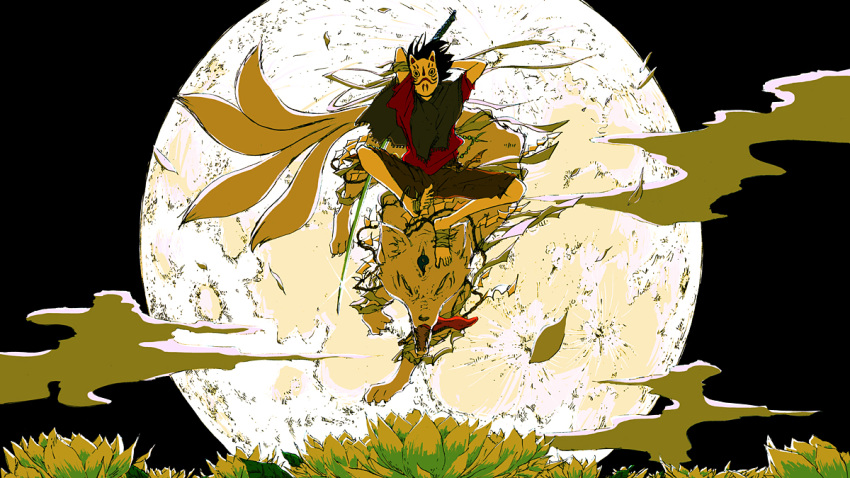 1boy arms_behind_head arms_up attack bandaged_arm bandaged_feet bandages beads black_hair black_shawl black_shorts cloud commentary_request covered_face facial_mark floating_hair flower forehead_mark fox fox_mask fringe_trim full_moon glint holding holding_sword holding_weapon incoming_attack jumping kawano kitsune lotus male_focus mask midair moon multiple_tails niconico night night_sky open_mouth original outdoors petals red_shirt riding rope shirt short_sleeves shorts sky sword tail third_eye tongue tongue_out tsukiakari_-tsukiakari-_(vocaloid) unsheathed vocaloid weapon