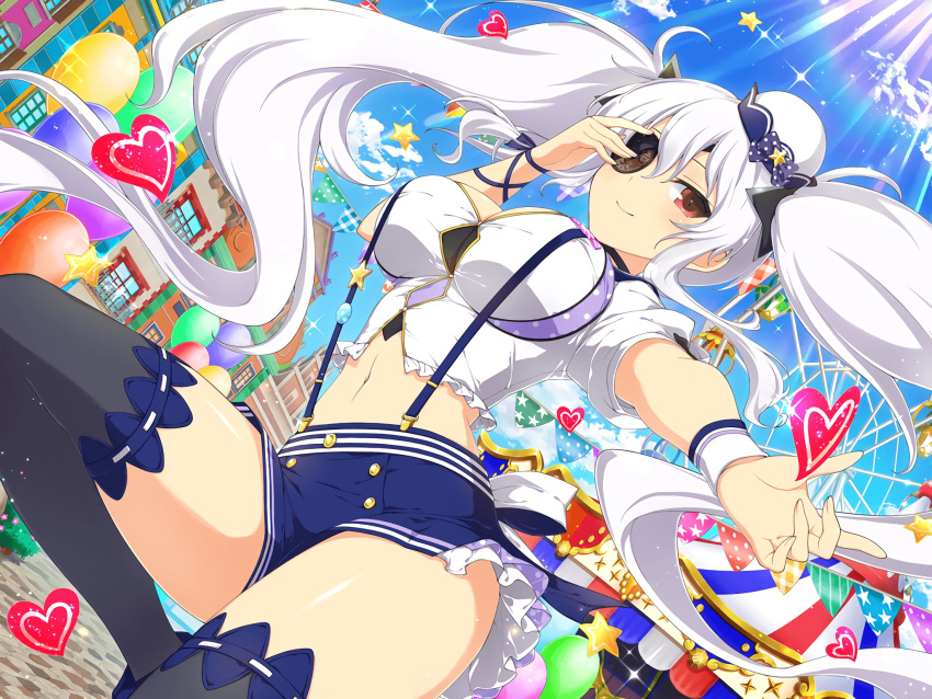 1girl balloon banner blue_skirt blue_sky blush breasts circus cloud cloudy_sky day dutch_angle eyepatch ferris_wheel frilled_skirt frills hair_ornament hand_on_head hat heart highres large_breasts long_hair looking_at_viewer navel official_art outdoors outstretched_arm polka_dot red_eyes senran_kagura senran_kagura_new_link shuriken skirt sky smile solo sunlight thighhighs twintails white_hair yaegashi_nan yagyuu_(senran_kagura)