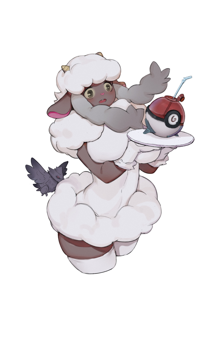 1girl animal_ears ball between_breasts bird blush breasts corviknight cropped_legs cup dark_skin drinking_glass drinking_straw embarrassed fluffy furry gaoerji gen_8_pokemon gloves heart highres holding horns poke_ball_theme pokemon pokemon_(creature) sheep_ears sheep_girl sheep_horns simple_background surprised thighhighs tray white_background white_gloves white_legwear wooloo