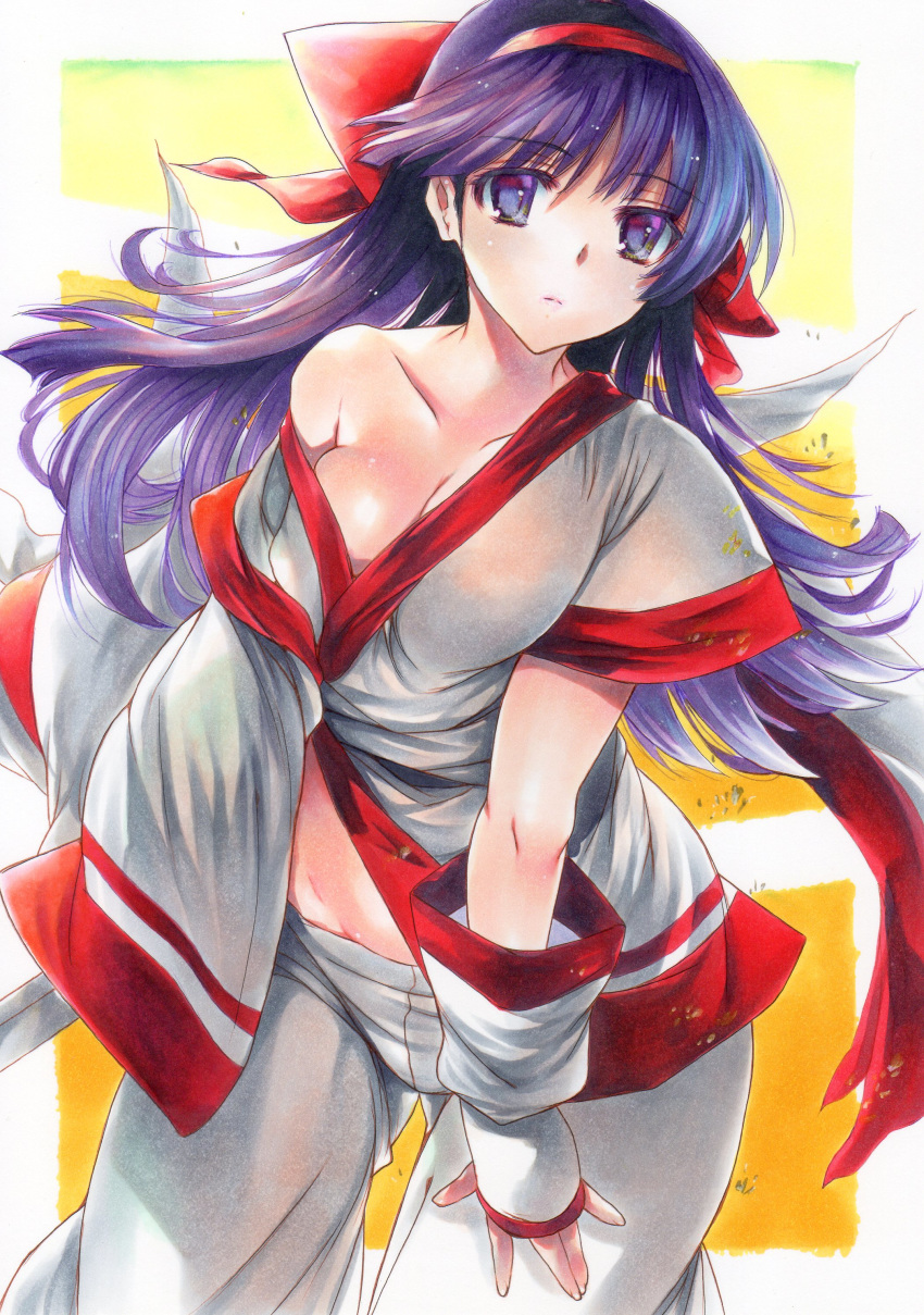 1girl absurdres ainu_clothes bangs bow breasts cleavage closed_mouth collarbone eyebrows_visible_through_hair groin hair_bow hairband highres long_hair medium_breasts nakoruru off_shoulder pants purple_eyes purple_hair red_bow red_hairband rozarin samurai_spirits short_sleeves single_bare_shoulder solo traditional_media white_pants