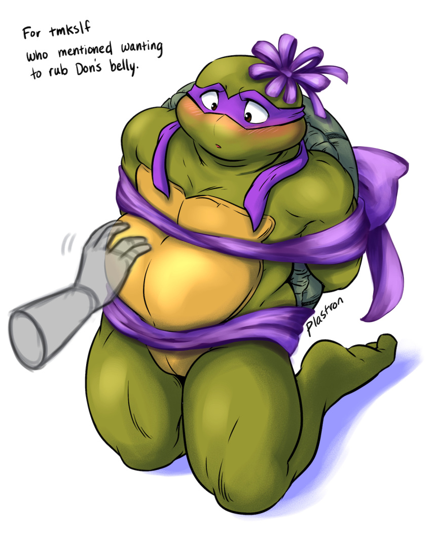 4:5 anthro bdsm belly belly_rub blush bound disembodied_hand donatello_(tmnt) embarrassed english_text hi_res male mask plastron reptile ribbons scalie slightly_chubby solo teenage_mutant_ninja_turtles text turtle