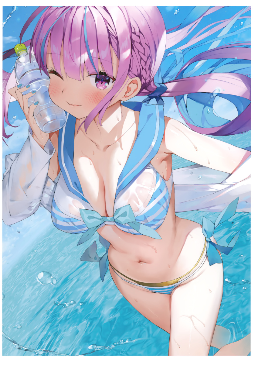 1girl ;) absurdres ahoge armpits bangs bare_shoulders bikini blue_bow blue_nails blue_sky blush bottle bow braid breasts cleavage closed_mouth cloud cloudy_sky collarbone day eyebrows_visible_through_hair highres holding hololive large_breasts layered_bikini lips long_hair looking_at_viewer matsui_hiroaki medium_breasts minato_aqua multicolored_hair nail_polish navel off_shoulder one_eye_closed outdoors partially_submerged purple_eyes purple_hair sailor_bikini sailor_collar scan see-through shiny shiny_hair shiny_skin shirt side-tie_bikini sky smile solo stomach streaked_hair striped striped_bikini swimsuit thighs tied_hair twintails two-tone_hair virtual_youtuber wading water water_bottle water_drop wet wet_clothes wet_shirt