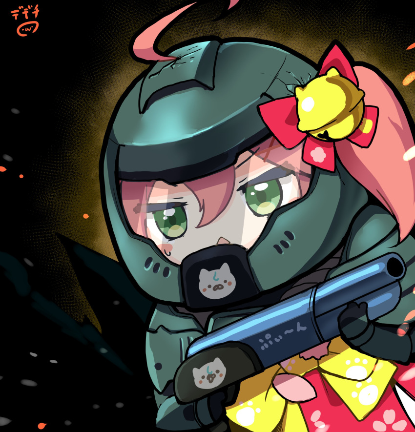 1girl 35p_(miko_channel) absurdres ahoge cherry_blossom_print chestnut_mouth chibi cosplay crack doom_(2016) doomguy doomguy_(cosplay) floral_print green_eyes gun helmet highres hololive nejime open_mouth paw_print_pattern pink_hair sakura_miko shotgun signature solo virtual_youtuber weapon