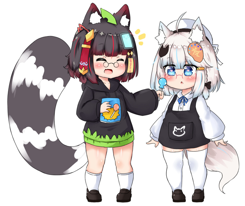 2girls :d ^_^ animal_ear_fluff animal_ears bailingxiao_jiu bangs black-framed_eyewear black_bow black_dress black_footwear black_hair black_hoodie blue_eyes blue_hair blush bow braid candy closed_eyes collared_shirt drawstring dress dress_shirt drooling eyebrows_visible_through_hair fang food fox_ears fox_girl fox_hair_ornament fox_tail glasses hair_between_eyes hair_bow heart heart-shaped_pupils highres holding holding_food holding_lollipop hood hood_down hoodie leaf leaf_on_head loafers lollipop long_sleeves multiple_girls notice_lines open_mouth original parted_lips pince-nez puffy_long_sleeves puffy_sleeves raccoon_ears raccoon_girl raccoon_tail red-framed_eyewear red_hair saliva shirt shoes side_braid silver_hair simple_background single_braid sleeveless sleeveless_dress sleeves_past_wrists smile socks standing symbol-shaped_pupils tail thighhighs white_background white_legwear white_shirt