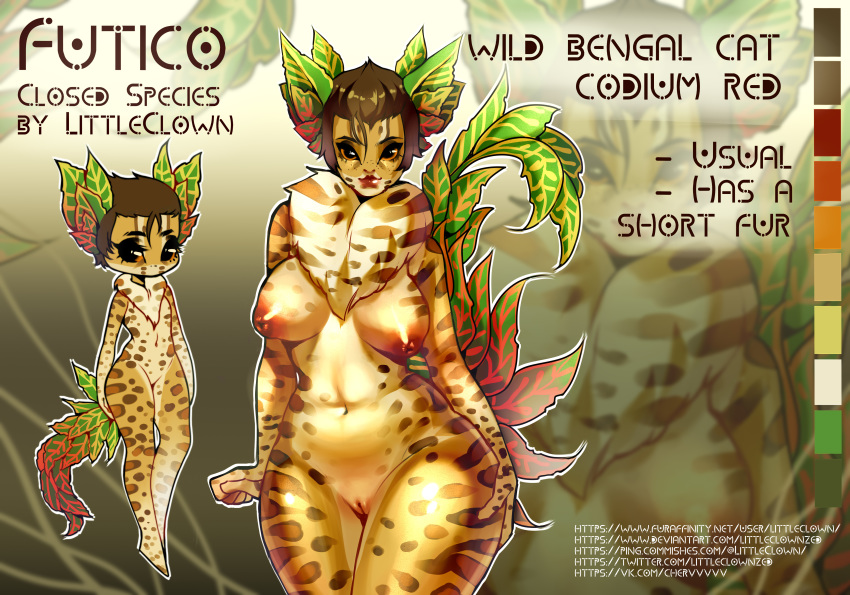 5_fingers absurd_res anthro areola belly bengal_cat black_eyes breasts brown_hair detailed_background domestic_cat english_text felid feline felis female fingers front_view fur futico genitals hair hi_res leaf leaf_ears leaf_tail littleclown mammal model_sheet multicolored_body multicolored_fur multiple_angles navel neck_tuft nipples pussy red_areola red_nipples short_hair solo standing sylvia_the_pokegirl text tuft url