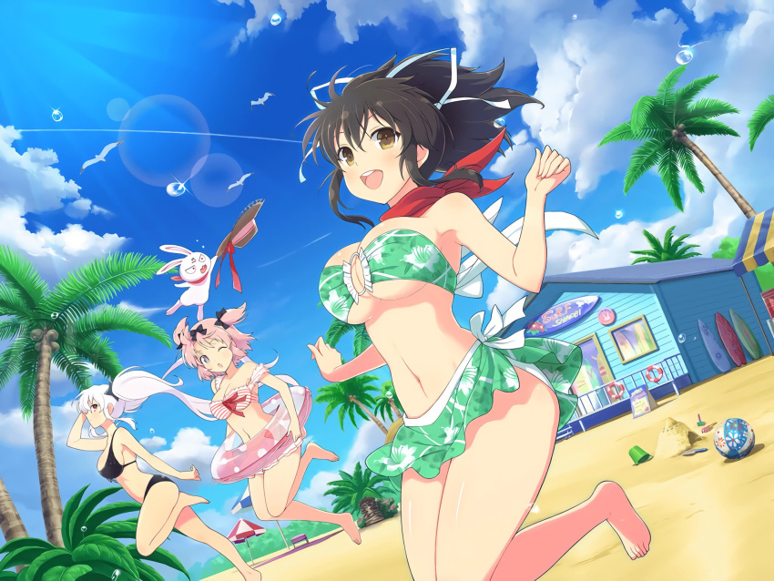 3girls :d :o asuka_(senran_kagura) ball beach beach_umbrella beachball bikini bird black_bikini black_hair black_ribbon blue_eyes blue_sky blush bow breasts brown_eyes bucket bunny bush cleavage cloud cloudy_sky coconut day frilled_bikini frills green_bikini hair_bow hair_ornament hair_ribbon hat hibari_(senran_kagura) highres innertube large_breasts lens_flare lifebuoy long_hair looking_at_viewer multiple_girls navel ninto_(senran_kagura) official_art open_mouth outdoors palm_tree pink_bikini pink_hair polka_dot ponytail red_eyes red_neckwear red_scarf ribbon running sand_castle sand_sculpture scarf seagull senran_kagura shack shore short_hair short_twintails shuriken sky smile straw_hat striped striped_bikini surfboard swimsuit symbol-shaped_pupils tree twintails umbrella white_hair white_ribbon yaegashi_nan yagyuu_(senran_kagura)