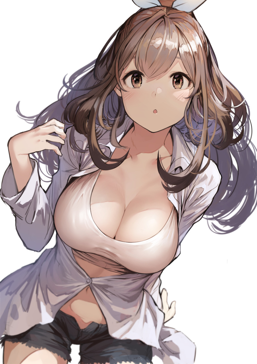 1girl bangs black_shorts blue_bow blurry blush bow breasts brown_eyes brown_hair cleavage crop_top depth_of_field dress_shirt eyebrows_visible_through_hair hair_between_eyes hair_bow highres idolmaster idolmaster_shiny_colors koruse large_breasts long_hair long_sleeves looking_at_viewer navel open_clothes open_mouth open_shorts parted_lips ponytail shirt shorts simple_background solo swept_bangs tsukioka_kogane white_background white_shirt