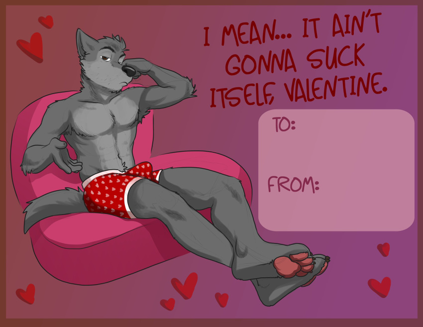 &lt;3 anthro boxers_(clothing) canid canine canis chair clothing cooper_estevez crossed_legs dialogue erection face_on_hand furniture hi_res jackaloo male mammal paws presenting sitting solo unamused underwear valentines_day_card wolf