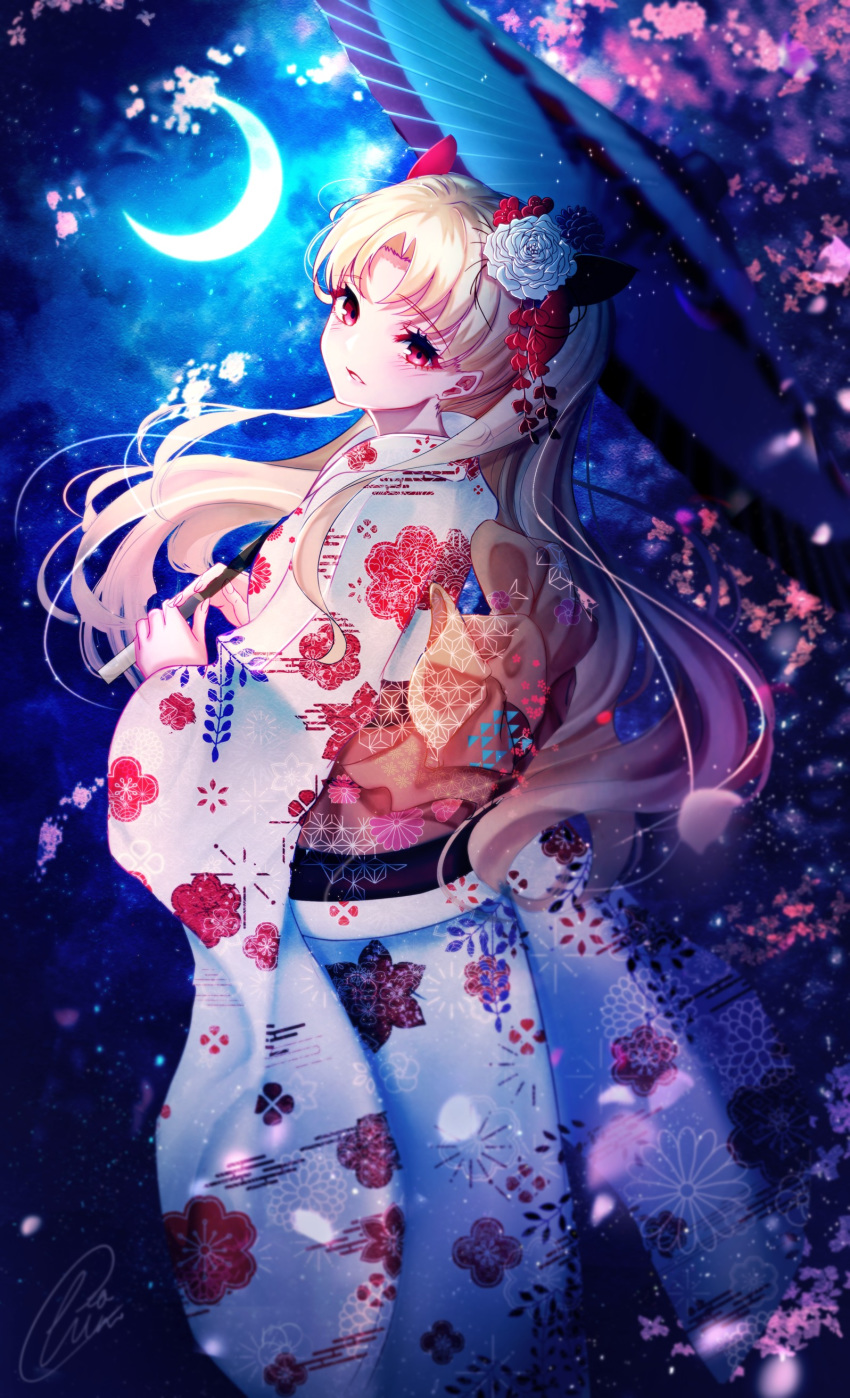 1girl absurdres alternate_costume bangs blonde_hair blush breasts chiachun0621 crescent_moon ereshkigal_(fate/grand_order) fate/grand_order fate_(series) floral_print highres japanese_clothes kimono long_hair long_sleeves looking_at_viewer moon obi open_mouth oriental_umbrella red_eyes sash smile two_side_up umbrella wide_sleeves