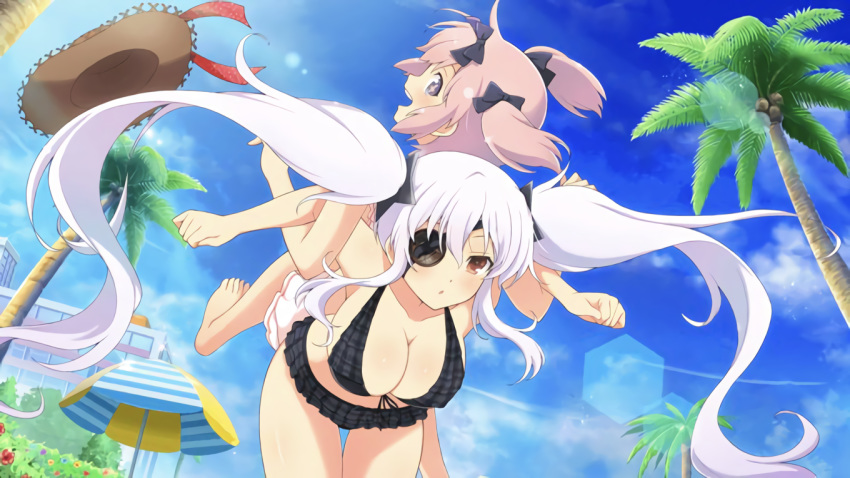 2girls :d :o beach beach_umbrella bikini black_bikini black_ribbon blue_eyes blue_flower blue_sky blush breasts building cleavage coconut day eyepatch flower frilled_bikini frills hair_ornament hair_ribbon hat hibari_(senran_kagura) large_breasts lens_flare long_hair looking_at_viewer multiple_girls official_art open_mouth outdoors palm_tree pink_bikini pink_hair purple_flower red_eyes red_flower ribbon senran_kagura short_hair short_twintails shuriken sky smile straw_hat swimsuit symbol-shaped_pupils tree twintails umbrella waifu2x white_hair yaegashi_nan yagyuu_(senran_kagura) yellow_flower