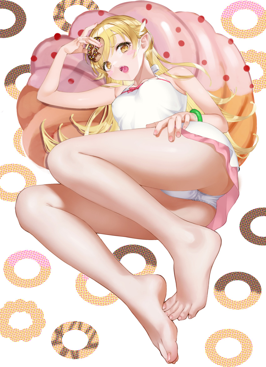 1girl absurdres bangs bare_arms bare_legs bare_shoulders blonde_hair blush blush_stickers breasts collarbone commentary covered_nipples doughnut dress eyebrows_visible_through_hair fang fingernails food golden_chocolate highres holding holding_food long_hair looking_at_viewer lying monogatari_(series) nail_polish nisemonogatari old-fashioned_doughnut on_back open_mouth oshino_shinobu panties pantyshot pink_nails pointy_ears poko_(user_nyfd7873) pon_de_ring sidelocks smile solo toenail_polish toenails tongue underwear very_long_hair white_dress white_panties yellow_eyes