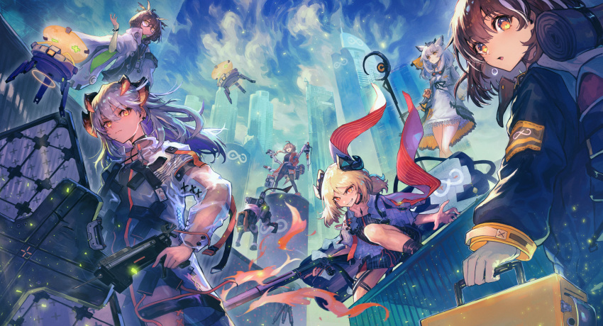 6+girls arknights black_jacket brown_hair building choker cityscape cloud coat day dragon_horns dress drone flamethrower gloves highres holding horns ifrit_(arknights) jacket labcoat long_hair long_sleeves looking_at_viewer magallan_(arknights) mayer_(arknights) multiple_girls nijimaarc outdoors ptilopsis_(arknights) rhine_lab_(arknights) rhine_lab_logo saria_(arknights) see-through shield short_hair silence_(arknights) silver_hair staff weapon white_coat white_dress white_gloves