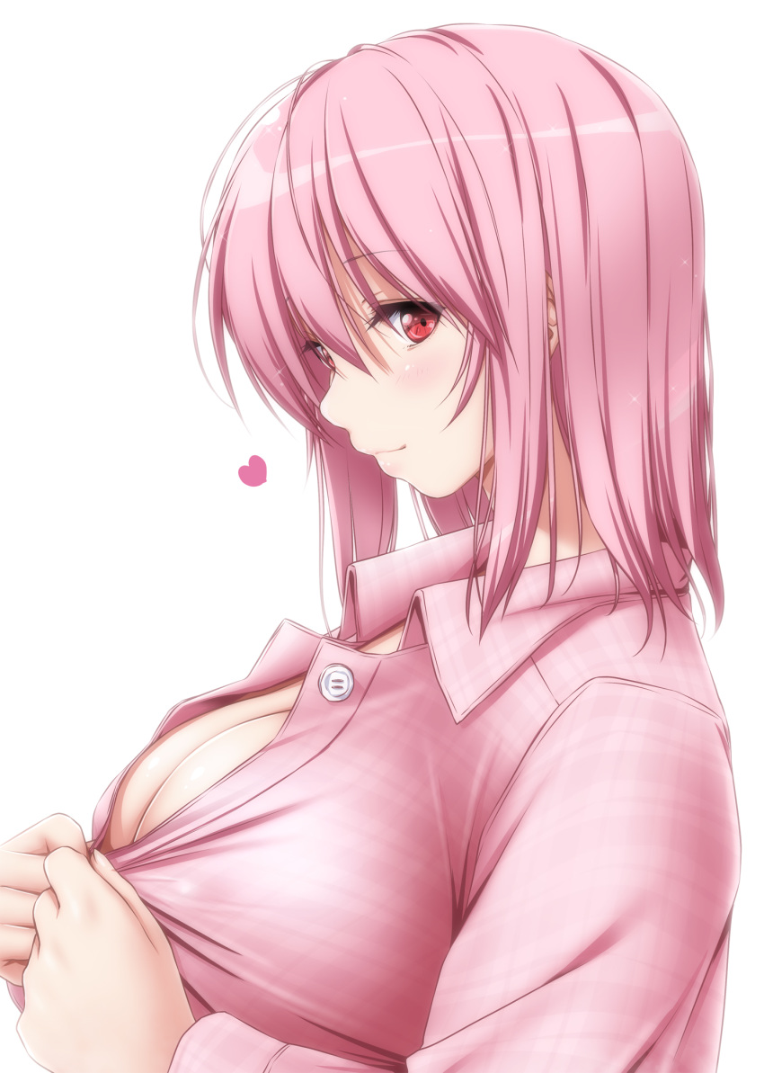 1girl bangs blush breasts cleavage closed_mouth commentary commentary_request eyebrows_visible_through_hair eyelashes fingernails futon hair_between_eyes highres large_breasts long_sleeves looking_at_viewer lying no_bra no_hat no_headwear nori_tamago pajamas partially_unbuttoned pink_eyescollarbone pink_hair pink_pajamas pink_shirt plaid red_eyes saigyouji_yuyuko shirt short_hair smile solo touhou unbuttoning undressing upper_body