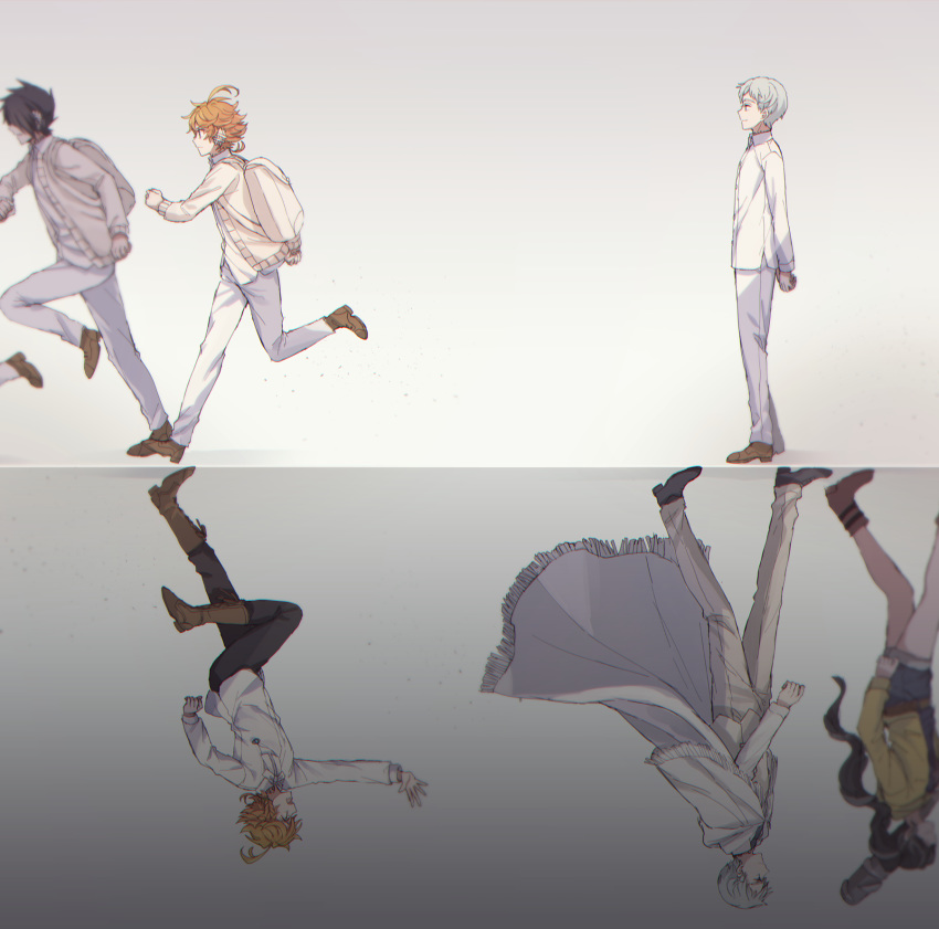 2boys 2girls ahoge arms_behind_back backpack bag bangs barbara_(yakusoku_no_neverland) black_footwear black_hair black_pants blurry boots brown_legwear cardigan cloak closed_mouth collar collared_shirt commentary_request emma_(yakusoku_no_neverland) from_side full_body grey_background grey_eyes grey_hair hair_over_one_eye highres leather leather_boots long_sleeves looking_at_another looking_away mirror_image mirrored multiple_boys multiple_girls norman_(yakusoku_no_neverland) open_mouth orange_hair pants ponytail ray_(yakusoku_no_neverland) running shidomura shirt shoelaces shoes short_hair shorts simple_background smile standing uniform upside-down walking white_backpack white_cardigan white_cloak white_pants white_shirt yakusoku_no_neverland