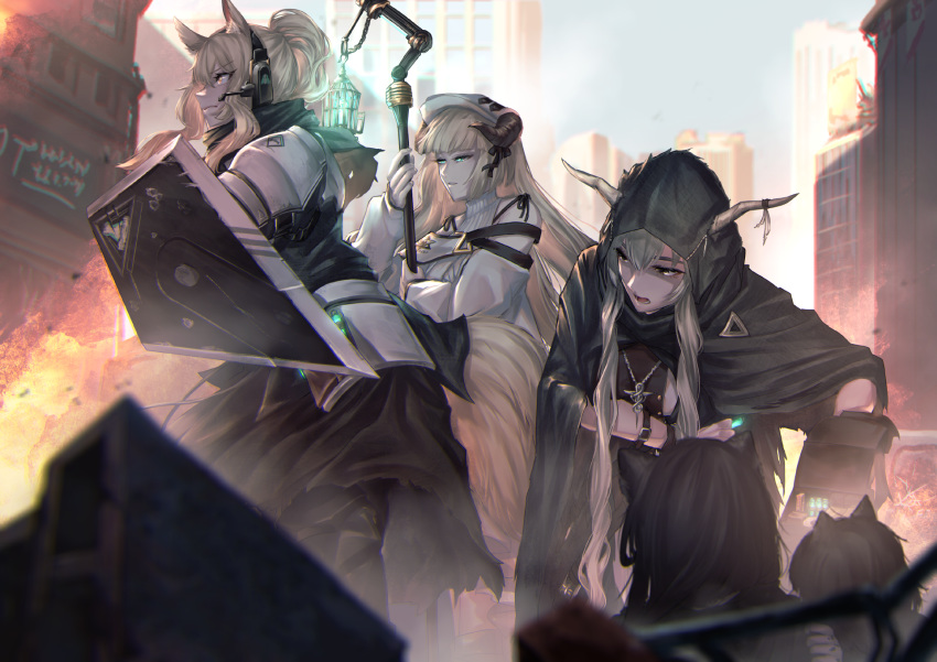 3girls animal)ears arknights armor baqua_eyes beret black_ribbon brown_hair cape cloud eyebrows_visible_through_hair fire fur grey_hair hat headset highres hood horns jewelry kanjou_jouki looking_to_the_side multiple_girls nearl_(arknights) necklace nightingale_(arknights) pauldrons ponytail ribbon rod_of_asclepius shield shining_(arknights) shoulder_armor sky skyscrapper tail yellow_eyes