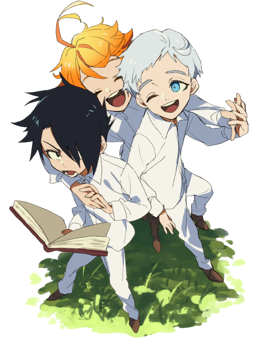 1girl 2boys ;d ahoge black_eyes black_hair blue_eyes book boots brown_footwear closed_eyes collar collared_shirt commentary_request emma_(yakusoku_no_neverland) from_above grass hair_over_one_eye highres holding holding_book holding_hands light long_sleeves looking_at_another multiple_boys norman_(yakusoku_no_neverland) one_eye_closed open_mouth orange_hair oushimaru outdoors pants ray_(yakusoku_no_neverland) shirt shoes short_hair simple_background smile teeth thick_eyebrows white_background white_hair white_pants white_shirt yakusoku_no_neverland