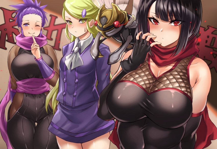 ;) ace_trainer_(pokemon) anzu_(pokemon) bare_shoulders black_gloves blush bodysuit_under_clothes breasts character_request closed_mouth cowboy_shot fingerless_gloves gen_3_pokemon gloves hair_ornament hikari_(komitiookami) impossible_clothes large_breasts long_hair looking_at_viewer ninja ninjask one_eye_closed pokemon pokemon_(game) sash scarf shirt short_hair skirt skirt_set smile taut_clothes taut_shirt