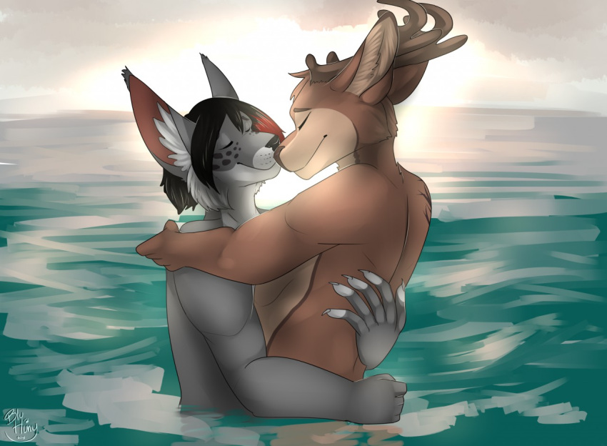 &lt;3 bluhuny cervid clothed clothing eyes_closed felid feline highlights_(coloring) hug love lynx male male/male mammal nose_touching sharlow sira soft_lighting topless water