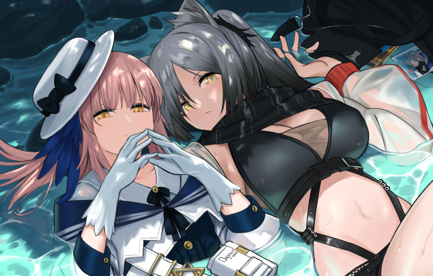 2girls animal_ear_fluff animal_ears arknights bangs black_bow black_scarf bow breasts cat_ears ceylon_(arknights) cleavage commentary crop_top dress gloves hand_up hands_up hat hat_bow highres large_breasts long_hair long_sleeves looking_at_viewer lying midriff multiple_girls navel on_back pink_hair s.w scarf schwarz_(arknights) silver_hair steepled_fingers stomach upper_body water white_dress white_gloves white_headwear yellow_eyes