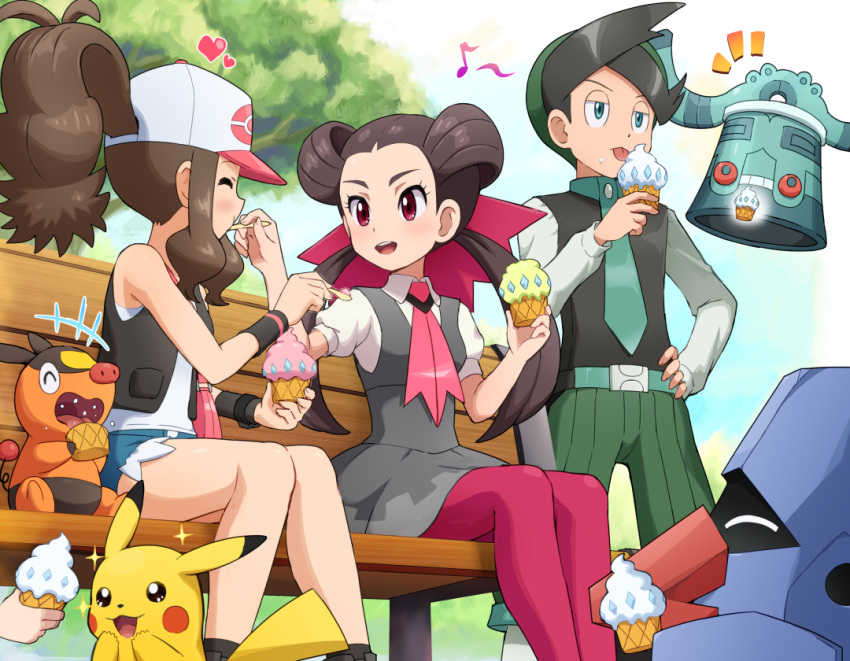 1boy 2girls aqua_eyes baseball_cap bench black_hair black_vest blue_shorts blush bronzong brown_hair closed_eyes collared_shirt denim denim_shorts dress eating feeding food frontier_brain gen_1_pokemon gen_3_pokemon gen_4_pokemon gen_5_pokemon green_hair grey_dress gym_leader happy hat heart holding holding_food ice_cream licking long_hair long_sleeves multicolored_hair multiple_girls musical_note necktie nejiki_(pokemon) nosepass on_bench open_mouth pantyhose pikachu pink_eyes pink_legwear poke_ball_print pokemoa pokemon pokemon_(creature) pokemon_(game) pokemon_bw pokemon_dppt pokemon_oras pokemon_platinum ponytail shirt short_sleeves shorts sitting smile starter_pokemon tepig touko_(pokemon) tsutsuji_(pokemon) twintails two-tone_hair vest white_shirt wristband