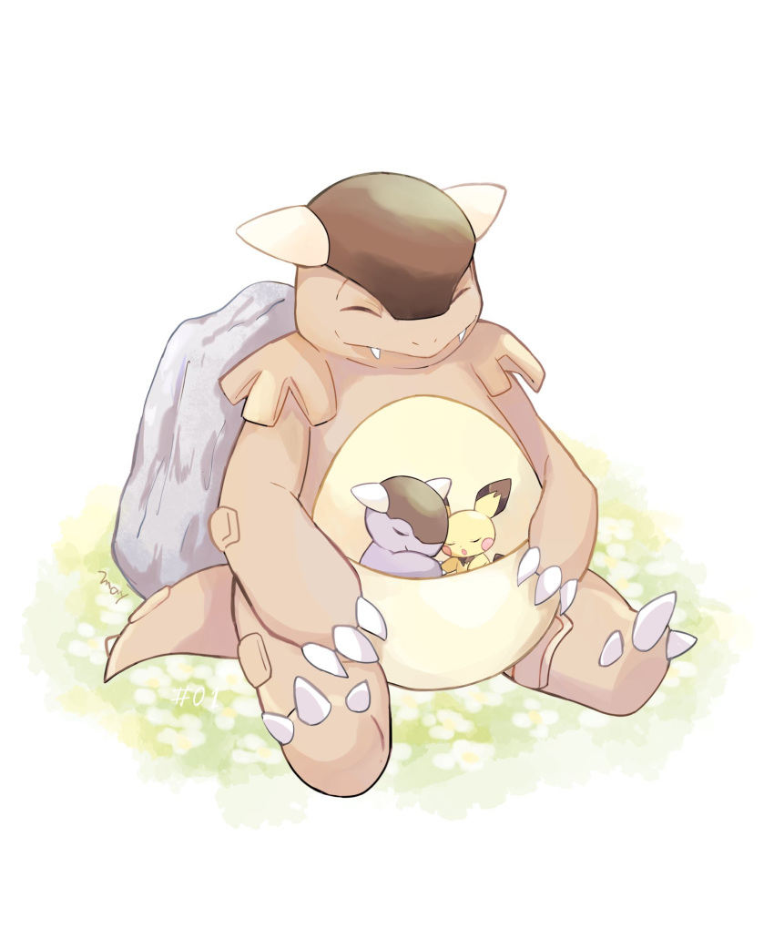 boulder closed_eyes commentary_request episode_number fangs flower gen_1_pokemon gen_2_pokemon grass highres kangaskhan mei_(maysroom) mother_and_child no_humans number outdoors pichu pokemon pokemon_(creature) signature sitting sleeping smile white_background