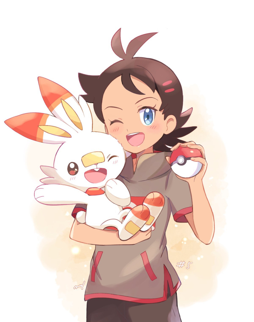 1boy :d black_hair black_pants black_shirt blue_eyes blush bunny commentary_request cowboy_shot dark_skin dark_skinned_male episode_number gen_8_pokemon gou_(pokemon) highres holding holding_poke_ball holding_pokemon looking_at_viewer male_focus mei_(maysroom) number one_eye_closed open_mouth pants poke_ball poke_ball_(generic) pokemon pokemon_(anime) pokemon_(creature) pokemon_swsh_(anime) scorbunny shirt signature smile starter_pokemon upper_teeth waving white_background