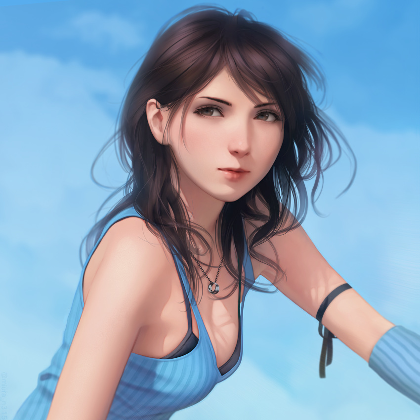 1girl bangs black_hair black_ribbon blue_sky breasts brown_eyes closed_mouth day final_fantasy final_fantasy_viii highres jewelry lips long_hair looking_at_viewer medium_breasts miura-n315 necklace outdoors parted_bangs ribbon rinoa_heartilly sky solo upper_body