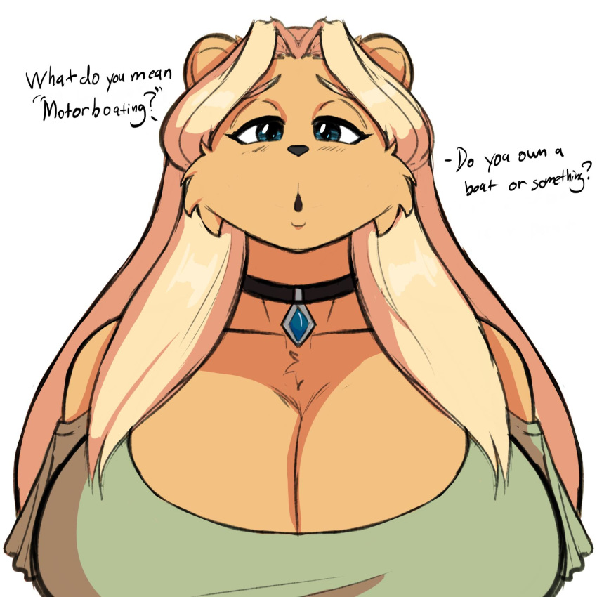 1:1 amara_(jwinkz) anthro big_breasts blonde_hair blue_eyes breasts cheek_tuft choker cleavage clothed clothing dialogue english_text facial_tuft female hair hi_res huge_breasts jewelry jwinkz mammal necklace solo talking_to_viewer text tuft unseen_character ursid