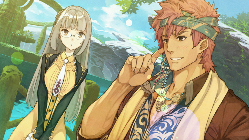 1boy 1girl atelier_(series) atelier_shallie black_jacket blush brown_coat brown_eyes brown_hair coat dress dutch_angle glasses head_scarf hidari_(left_side) jacket jewelry linca_(atelier) long_hair messy_hair necklace necktie official_art outdoors raoul_pireit red_hair scarf tan upper_body v_arms water white_neckwear yellow_dress