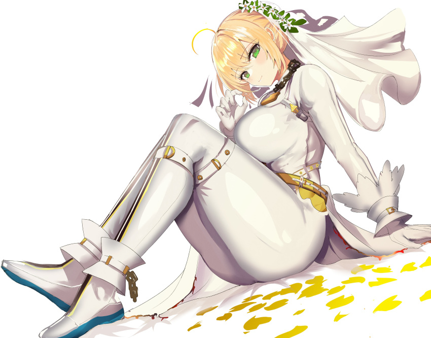 1girl absurdres ahoge arm_support bangs blush bodysuit bridal_veil closed_mouth detached_sleeves eyebrows_visible_through_hair fate/extra fate/extra_ccc fate/grand_order fate_(series) flower_wreath gloves green_eyes hair_bun hair_intakes hanasaki_houcha head_wreath highres lock looking_at_viewer nero_claudius_(bride)_(fate) nero_claudius_(fate)_(all) padlock padlocked_collar puffy_detached_sleeves puffy_sleeves sitting veil white_bodysuit white_footwear white_gloves white_sleeves