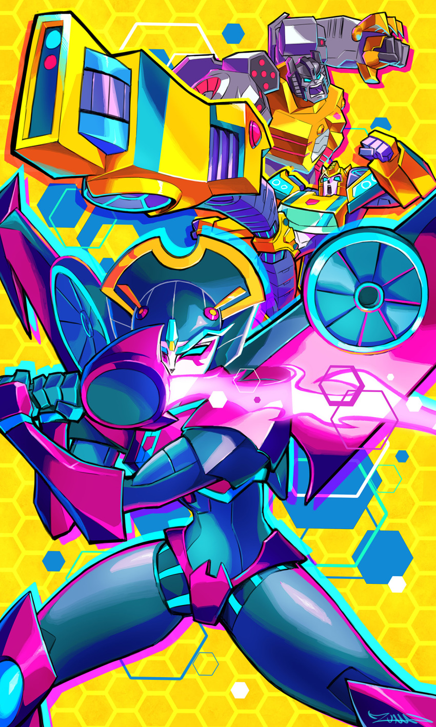 1girl 2boys autobot blue_eyes bumblebee clenched_hands energy_sword fighting_stance grimlock highres kicking mecha mechanical_wings multiple_boys no_humans one_eye_covered open_mouth shouting sword transformers transformers_cyberverse v-shaped_eyebrows weapon windblade wings yasukuni_kazumasa