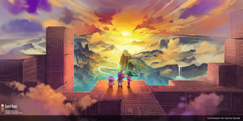 1boy 2girls aqua_hair artist_name cloud daniel_bogni feena_(grandia) from_behind grandia grandia_i green_hair highres justin_(grandia) landscape mountainous_horizon multiple_girls nature purple_hair puui_(grandia) red_hair river sky standing sue_(grandia) sun sunlight sunset twilight wall watermark web_address