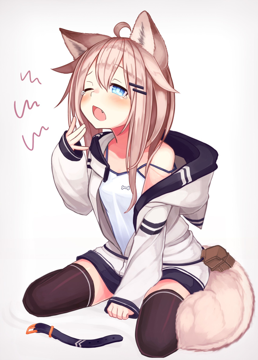 1girl animal_ears black_legwear blue_eyes bone_print breasts camisole collar dog_collar dog_ears dog_tail fang full_body highres hood hood_down hoodie light_brown_hair long_hair long_sleeves open_clothes open_hoodie open_mouth original partially_unzipped pet_collar pouch reitou_mikan sitting sleepy sleeves_past_wrists small_breasts tail tears thighhighs wariza