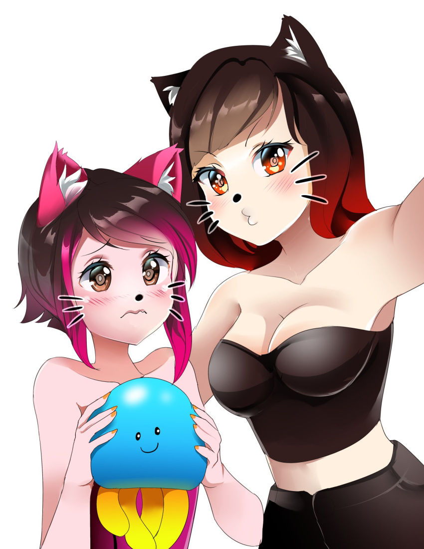 2girls animal_ears bare_shoulders black_hair black_pants blush breasts brown_hair cat_ears cleavage commentary crop_top dress english_commentary fierzaa frown highlights highres holding holding_stuffed_animal jellyfish looking_at_viewer md5_mismatch medium_breasts multicolored_hair multiple_girls orange_eyes pants pink_dress pink_eyes pink_hair rastapasta red_hair resolution_mismatch roblox self_shot short_hair sleeveless sleeveless_dress smile source_larger stuffed_animal stuffed_toy white_background