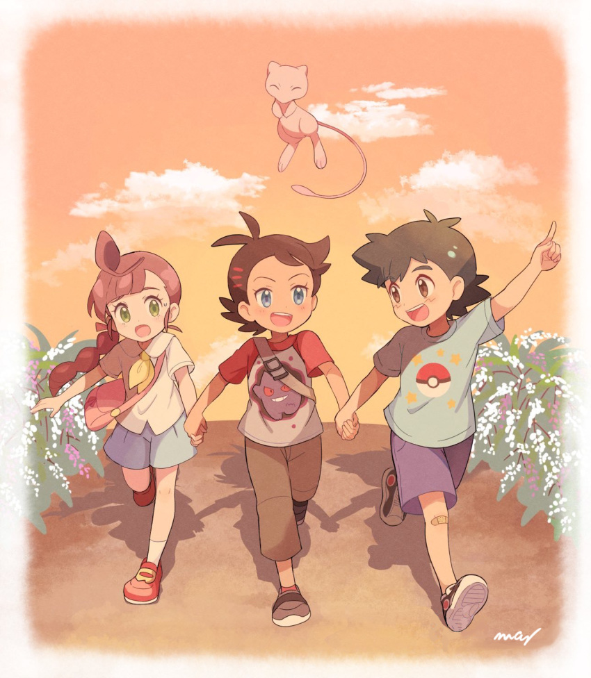 1girl 2boys :d arm_up bag black_footwear black_hair blue_eyes blue_shirt blue_shorts blue_skirt border braid braided_ponytail brown_eyes brown_pants bush character_print cloud commentary_request dark_skin dark_skinned_male dusk floating gen_1_pokemon gengar gou_(pokemon) green_eyes highres holding_hands looking_at_another mei_(maysroom) mew multiple_boys mythical_pokemon neckerchief no_hat no_headwear no_socks open_mouth outdoors pants pointing poke_ball_print pokemon pokemon_(anime) pokemon_(creature) pokemon_swsh_(anime) print_shirt red_footwear red_hair road sakuragi_koharu satoshi_(pokemon) shirt shoes shorts shoulder_bag single_braid skirt smile star_(symbol) star_print upper_teeth walking what_if white_border white_legwear white_shirt yellow_neckwear younger