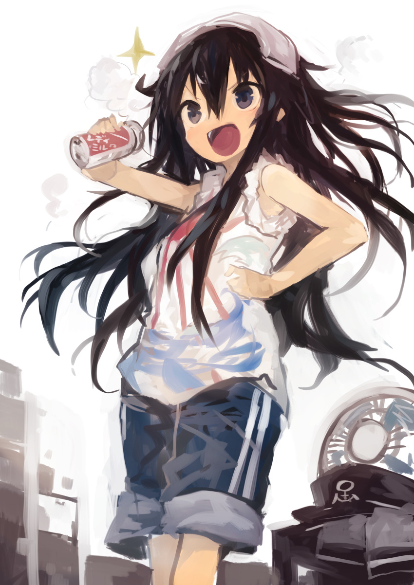 1girl absurdres akatsuki_(kantai_collection) anchor_symbol black_headwear can cowboy_shot flat_cap hair_between_eyes hat hat_removed headwear_removed highres holding holding_can kaamin_(mariarose753) kantai_collection long_hair open_mouth purple_eyes purple_hair sleeveless smile solo sparkle v-shaped_eyebrows white_background
