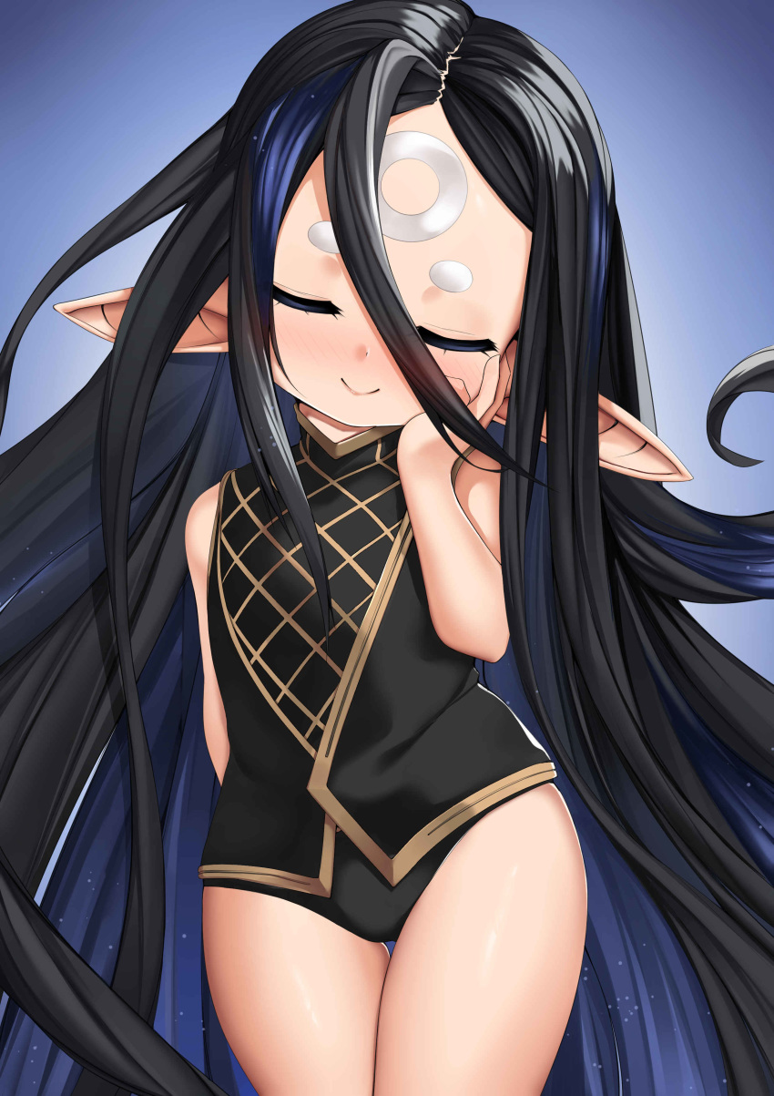 1girl absurdres bangs bare_shoulders black_hair black_swimsuit blue_background blush breasts closed_eyes closed_mouth ears facial_mark forehead forehead_mark gradient gradient_background granblue_fantasy hair_between_eyes hand_on_own_cheek harvin highres long_hair luonawei one-piece_swimsuit parted_bangs pointy_ears rei_(granblue_fantasy) small_breasts smile swimsuit thighs very_long_hair