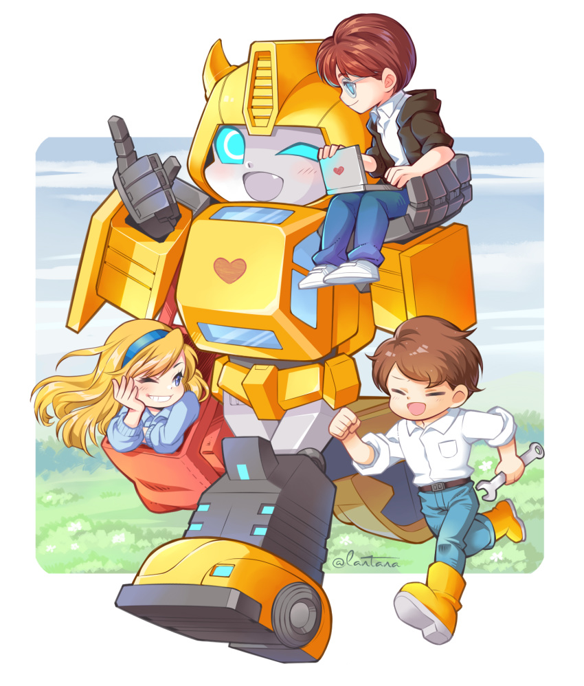 1girl 3boys autobot black_hoodie blonde_hair blue_eyes blue_headband brown_hair bumblebee character_request chibi chip_chase computer denim headband highres holding_person jeans lantana0_0 laptop mecha multiple_boys one_eye_closed open_mouth pants running shirt smile spike_witwicky transformers white_shirt wrench