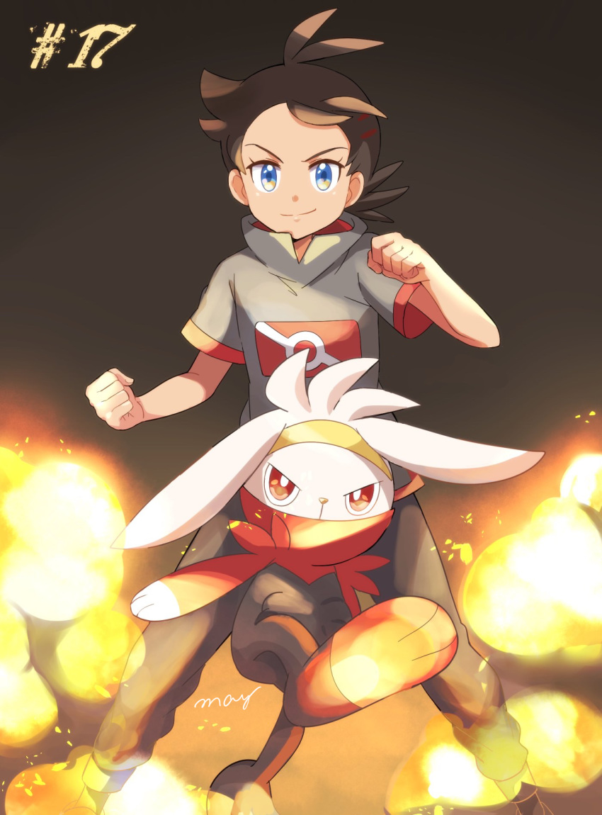 1boy black_background black_hair black_pants blue_eyes bunny commentary_request dark_skin dark_skinned_male episode_number fire full_body gen_8_pokemon glowing gou_(pokemon) grey_shirt highres kicking leg_up looking_at_viewer mei_(maysroom) number pants pokemon pokemon_(anime) pokemon_(creature) pokemon_swsh_(anime) raboot shirt signature smile standing starter_pokemon