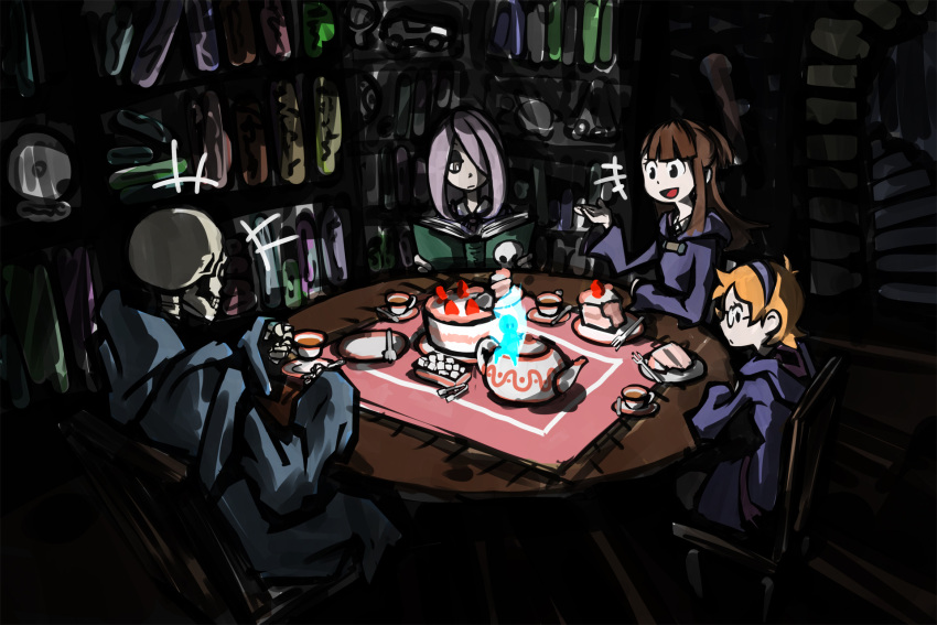 3girls book bookshelf brown_hair cake commentary_request dark death_(entity) deel_(rkeg) food highres indoors kagari_atsuko light little_witch_academia long_sleeves lotte_jansson multiple_girls orange_hair photoshop_(medium) revision shadow short_hair sitting skeleton skull sucy_manbavaran sweater table talking tea_party teapot