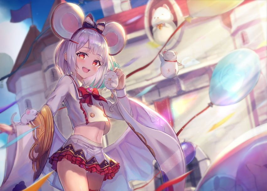 1girl animal animal_ears balloon bangs crop_top fake_animal_ears granblue_fantasy hair_ornament hairclip headband holding holding_animal long_sleeves midriff miniskirt mouse navel open_mouth panties red_eyes sachi_(160332) skirt smile solo sunlight underwear vikala_(granblue_fantasy) white_hair white_panties