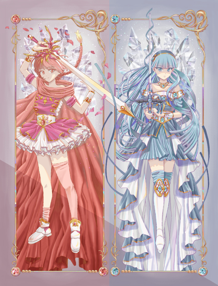 2girls bangs blue_dress blue_eyes blue_hair blue_headband braid braided_ponytail dress headband highres holding holding_sword holding_weapon long_hair looking_at_viewer low-tied_long_hair magic_knight_rayearth magical_girl multiple_girls rapier red_dress red_eyes red_hair runrun ryuuzaki_umi shidou_hikaru sword thighhighs weapon