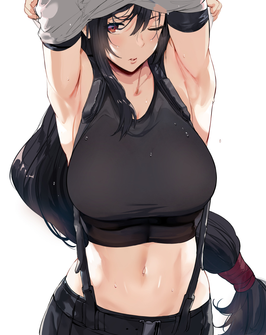 1girl absurdres armpits arms_up bangs black_hair black_skirt black_tank_top breasts brown_eyes final_fantasy final_fantasy_vii final_fantasy_vii_remake hair_between_eyes hair_tie hews_hack highres hot large_breasts long_hair low-tied_long_hair midriff navel one_eye_closed paid_reward parted_lips patreon_reward shirt sidelocks skirt solo stomach suspender_skirt suspenders sweat tank_top taut_clothes taut_shirt tifa_lockhart undershirt undressing very_long_hair white_tank_top