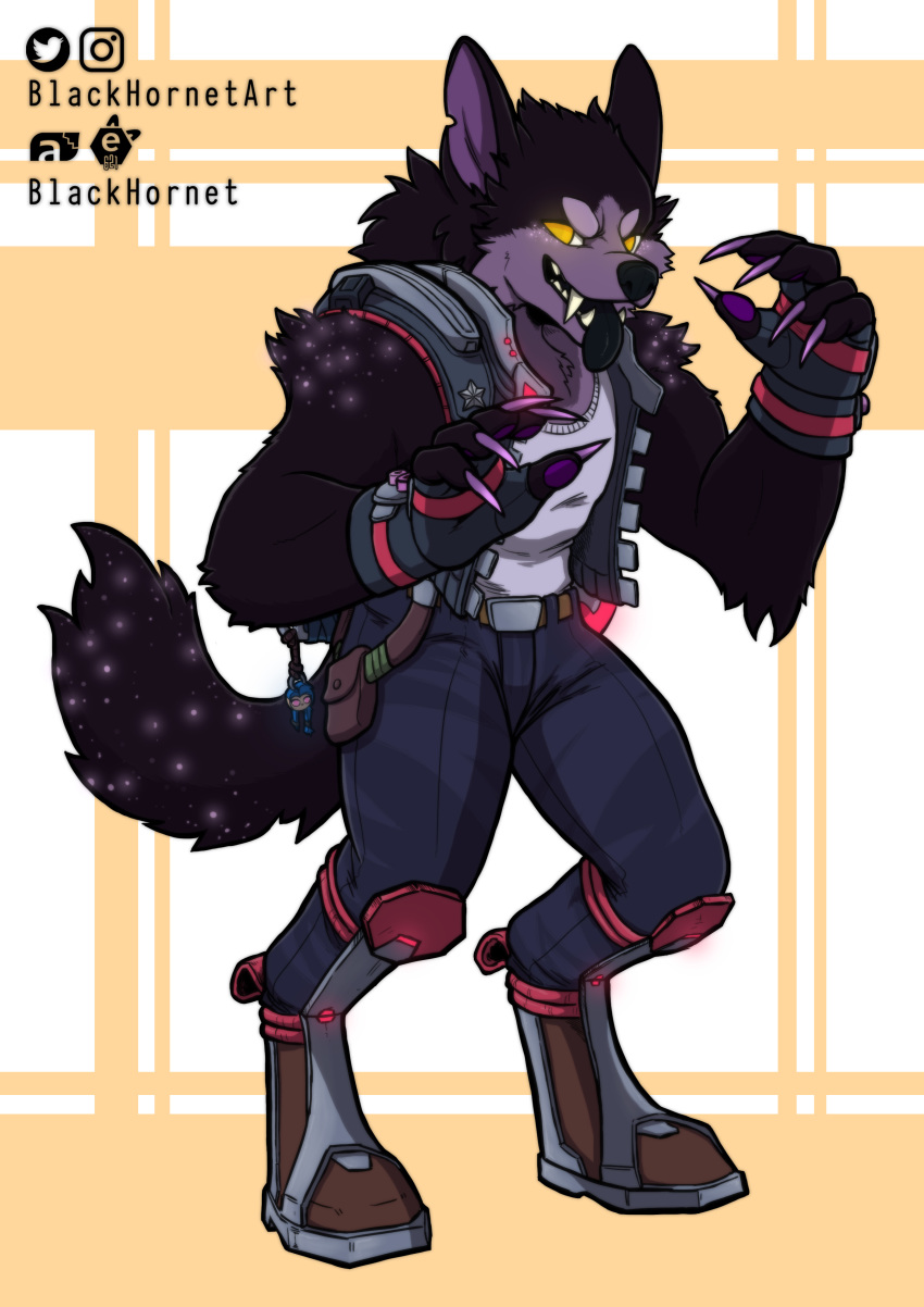 absurd_res anthro blackhornet canid canine canis claws clothed clothing digital_media_(artwork) fur gloves hair handwear hi_res jacket looking_at_viewer male mammal purple_body purple_fur purple_hair solo topwear wolf yellow_eyes