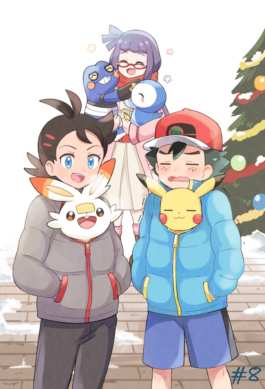 1girl 2boys bird black_hair black_pants blue_coat blue_eyes blue_shorts blush_stickers breath bunny christmas_tree closed_eyes coat cold commentary_request creature croagunk dark_skin dark_skinned_male dress episode_number gen_1_pokemon gen_4_pokemon gen_8_pokemon glasses gou_(pokemon) grey_coat grin hands_in_pockets highres hug inside_clothes jacket long_hair looking_at_another mei_(maysroom) misaki_(pokemon) multiple_boys number open_mouth pants penguin pikachu pink_jacket piplup pokemon pokemon_(anime) pokemon_(creature) pokemon_swsh_(anime) purple_hair red_scarf road satoshi_(pokemon) scarf scorbunny shorts signature smile snow starter_pokemon street tree trembling wavy_mouth white_dress winter_clothes winter_coat |d