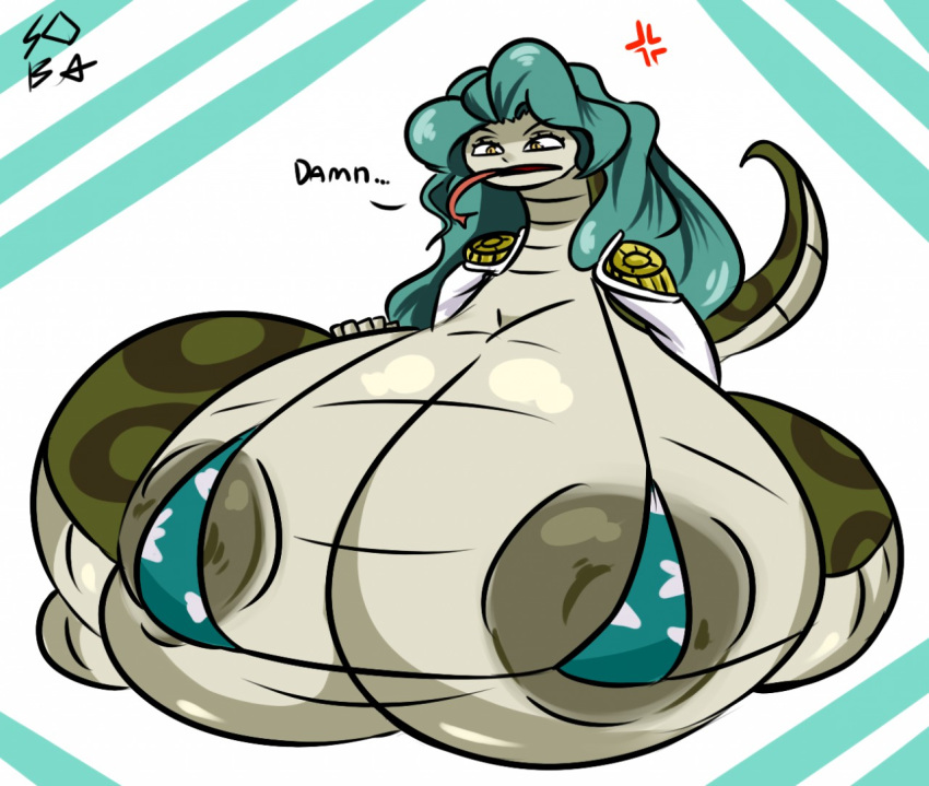 2020 anaconda animal_humanoid areola big_breasts bikini boa_(snake) boa_sandersonia boinae breasts clothing english_text female green_hair hair huge_breasts humanoid one_piece reptile reptile_humanoid scalie scalie_humanoid simple_background snake snake_humanoid solo swimwear text tongue tongue_out unknown_artist white_background yellow_eyes