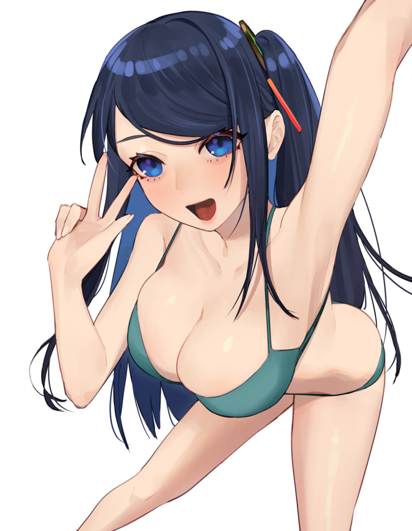 1girl :d arm_up armpits bikini blue_eyes blue_hair breasts cleavage green_bikini hair_ornament highres juz krt_girls large_breasts lips long_hair one_side_up open_mouth sidelocks simple_background smile solo swimsuit w white_background xiao_qiong