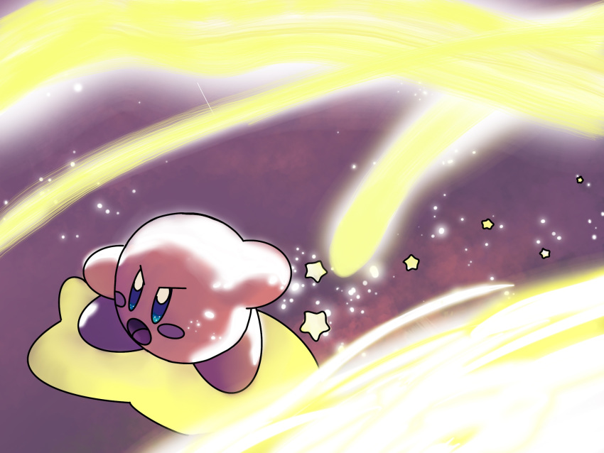 4:3 ambiguous_gender background_sky furrowed_eyebrows glistening glistening_eyes glowing gradient_shading hi_res kirby kirby_(series) nintendo open_mouth pink_body sparkles star streaks video_games warp_star zero_pictured