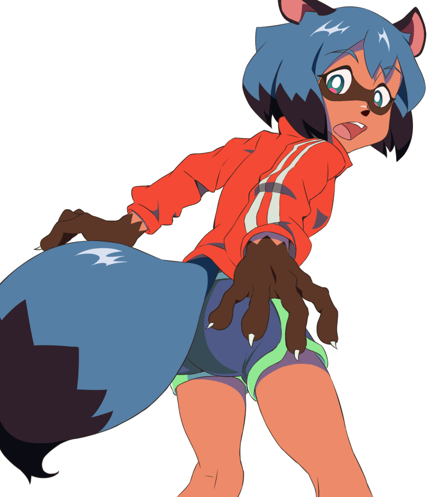 2020 anthro black_body black_fur black_hair black_nose blue_body blue_eyes blue_fur blue_hair bottomwear brand_new_animal brown_body brown_fur butt_pose canid canine clothed clothing female fluffy fluffy_tail fur hair hi_res jacket looking_at_viewer looking_back mammal michiru_kagemori multicolored_body multicolored_fur multicolored_hair portrait pose raccoon_dog short_hair shorts studio_trigger tanuki three-quarter_portrait topwear